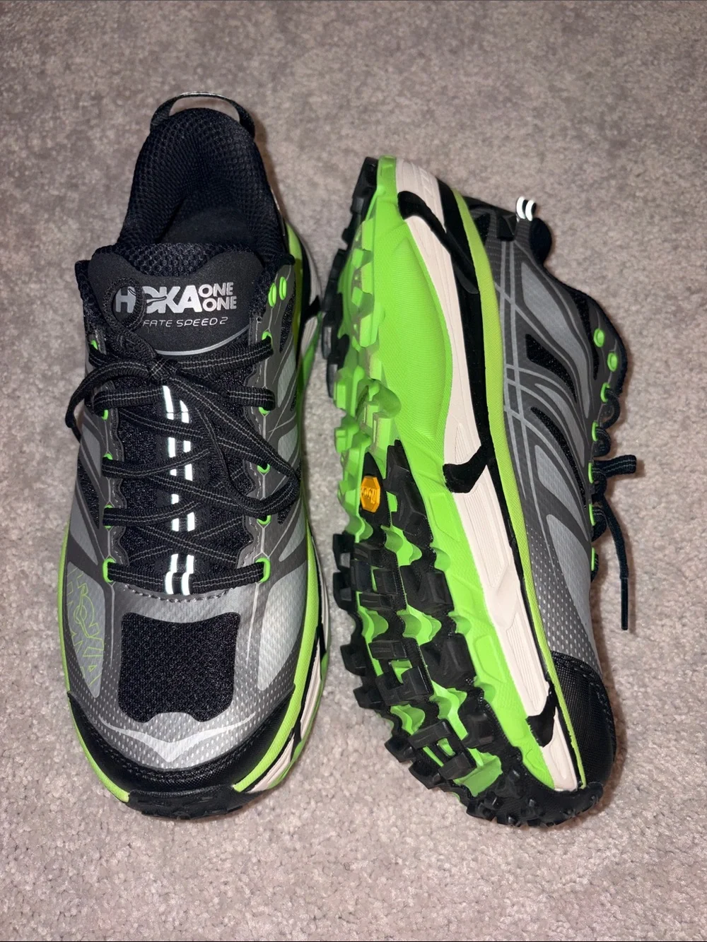 Hoka One One Men’s Gray and Neon Green Trail Running Shoes. Like brand new